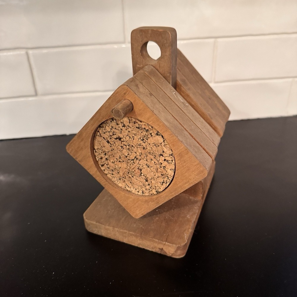 Vintage Wood & Cork Hanging Coasters 4x4 in Square Mid Century Modern‎ Set Of 6